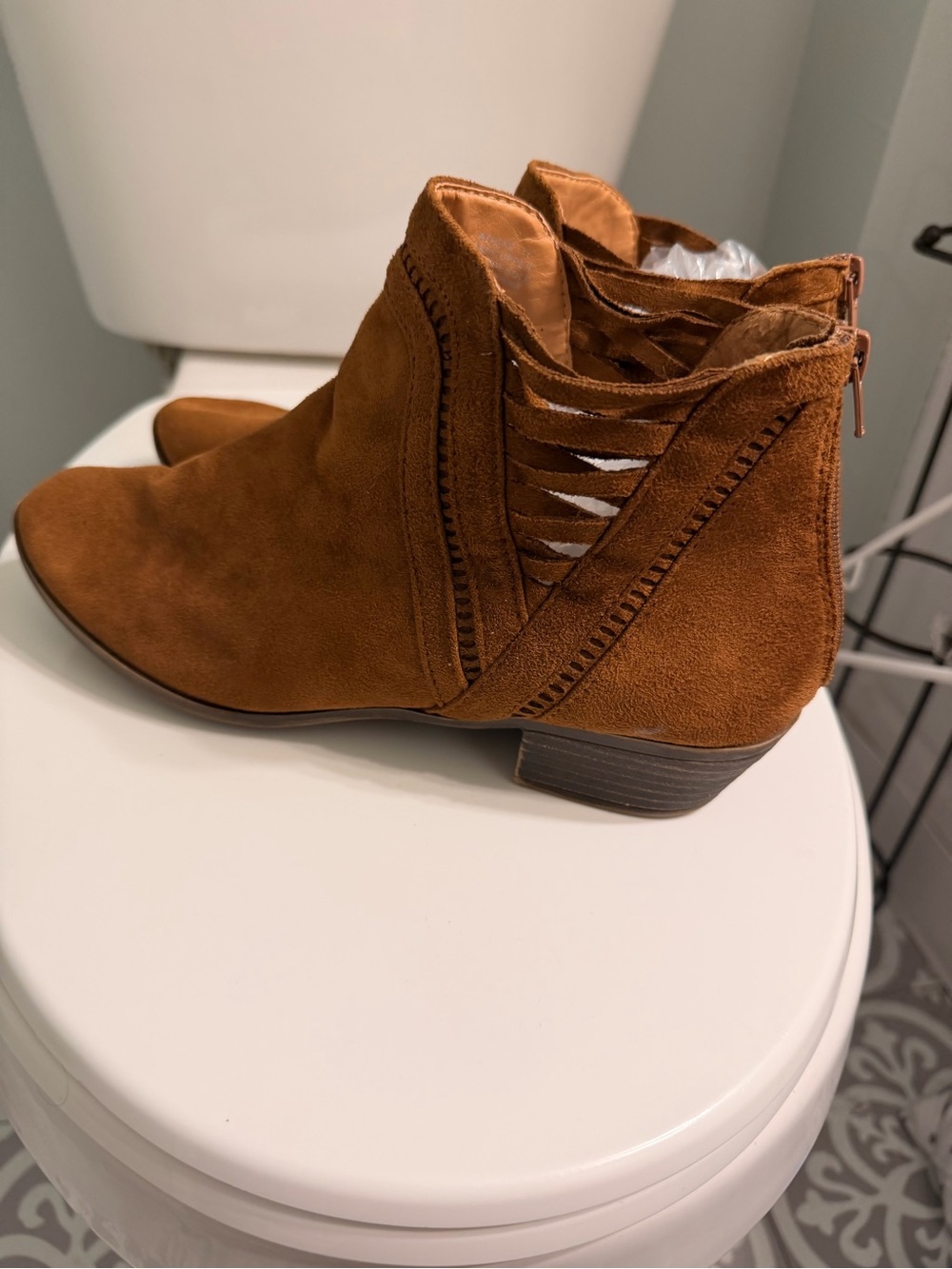 Women's Suede Ankle Booties with Side Cutout - Brown